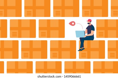 Advertising Poster Receiving and Forming Orders. Boxes are Stacked with Thick Wall, Guy is Sitting between them in Free Space. Banner Warehouse for Storage Goods. Vector Illustration.