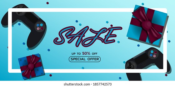 Advertising poster for sale of game consoles and home appliances . Banner for discounts and presents. A poster with an inscription and a special offer of the store. Online store with home delivery