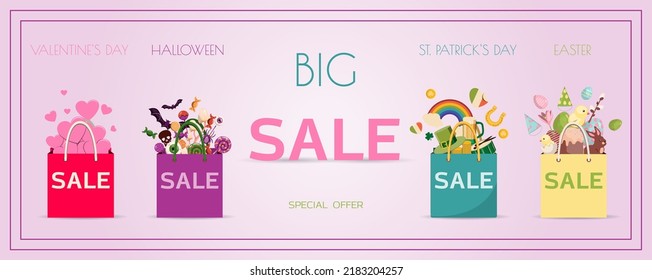 Advertising poster for sales, packages with goods forfor holidays valentine s day, St. Patrick s day, Halloween, Easter. Banner for discounts and sales. A poster with an inscription and a special