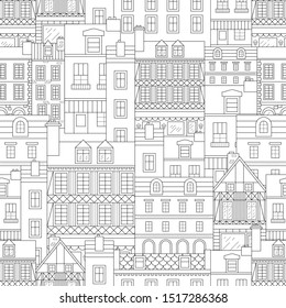 Advertising poster seamless pattern sketch houses. Quick sketch seamless pattern hand drawn for printing onto fabric wrapping paper. Doodle beautiful interesting houses various shapes. 