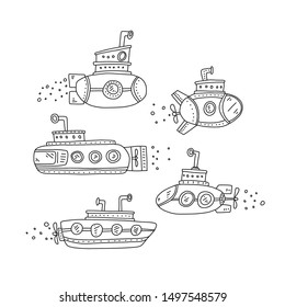 Advertising poster set submarine quick sketch. Submarine hand drawn in various shapes and sizes. Children's drawing. Coloring book for children. Class ships capable diving for long time under water.