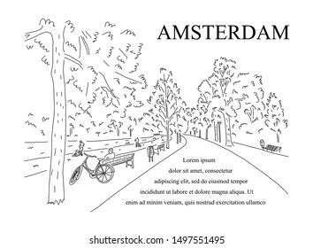 Advertising poster sketch park in city Amsterdam. People have rest outdoors. Beautiful nature. Alleys for walking and cycling. Useful type vacation. Popular city for cyclists with lots bike paths.