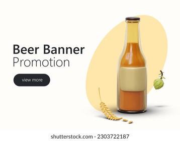 Advertising poster for social networks, Internet. Beer in glass bottle. Colored 3D design elements. Template for PPC with place for text, button. Active modern ads