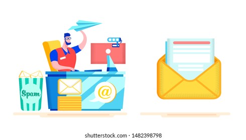 Advertising Poster Spam Protection Cartoon Flat. Automation Process, Design Letters on this Template. Guy Starts Paper Airplane Sitting at Computer. Emails are Marked as Spam. Vector Illustration.