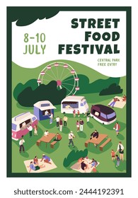 Advertising poster of street food festival. Vertical placard of funfair in amusement park. People crowd eating, have a picnic at nature. Summer event, entertainment outdoor. Flat vector illustration