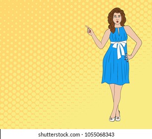 Advertising poster. Surprised brunette in full growth. The girl points to a free area for your text. Your text here. Vector illustration