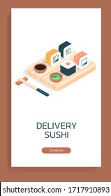 Advertising poster with sushi delivery. Different rolls with fish and other filling on a wooden board. A set of rolls with chopsticks, wasabi and soy sauce on a white background.