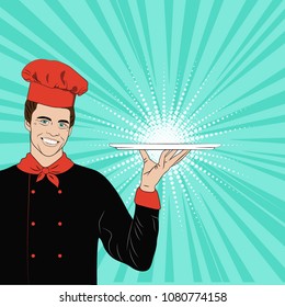 Advertising poster template. The chef keeps an empty tray for your product. A smiling young man in the black form of a cook. Vector illustration