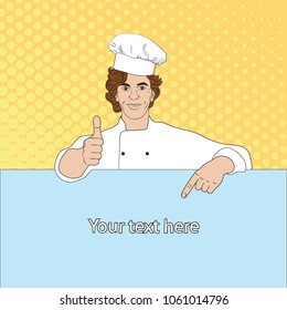 Advertising poster template. Chef is pointing at an empty poster for text. Smiling young man in the form of a cook. Vector illustration