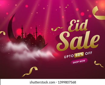 Advertising poster or template design with illustration of mosque on shiny abstract rays background for Eid Sale concept with 60% discount offer.