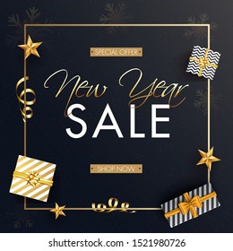 Advertising poster or template design with top view of gift boxes and golden stars for New Year Sale.