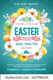Advertising poster template for Easter Weekend Party with cheerful bunny, colored eggs and spring flowers on turquoise background with doodle pattern. Vector Illustration.