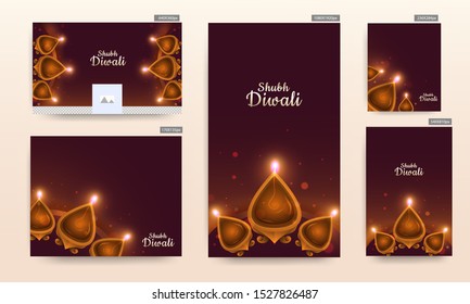 Advertising poster or template set with top view of illuminated oil lamps (Diya) on burgundy background for Shubh (Happy) Diwali celebration.