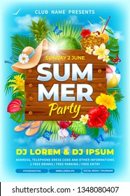 Advertising Poster Template for Summer Beach Party with wooden board, tropical leaves, flowers, fruits and exotic cocktail. Blue sky and clouds on background. Vector illustration.