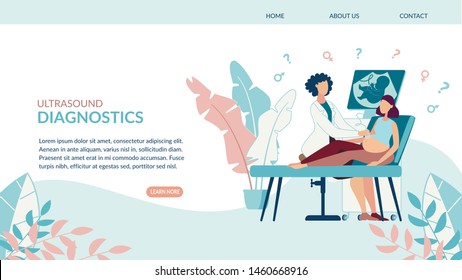 Advertising Poster Ultrasound Diagnostics Flat. Pregnant Woman Lying on Couch in Doctors Office. On Screen Medical Equipment Prenatal Development Child. Vector Illustration Landing Page.