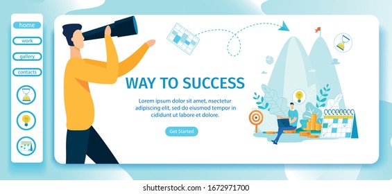 Advertising Poster Way to Success Landing Page. Banner Necessary Tools for Implementation Plan to Improve Performance. Man Looks into Telescope to Top Mountain. Vector Illustration.