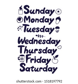 Advertising poster for week planning. Bullet journal hand drawn vector elements for notebook, diary and planner. Doodle banners isolated on white background. Days of week, notes, list.