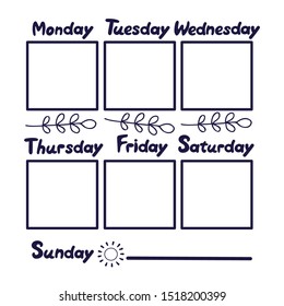 Advertising poster for week planning. Bullet journal hand drawn vector elements for notebook, diary and planner. Doodle banners isolated on white background. Days of week, notes, list, dividers.
