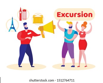 Advertising Poster is Written Excursion Cartoon. Flyer an Interesting Modern Excursion Program. Banner Happy Couple Tourists Listening to Guide with Loudspeaker. Vector Illustration.