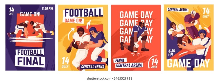 Advertising posters of American football match set. Promotion of sport event. Professional athletes, players in uniform, helmets play rugby. Promo of field game competition. Flat vector illustrations