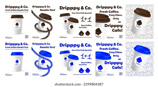 Advertising posters of coffee to go, paper 3D cups of coffee, advertising banners for coffee houses. 3D realistic illustrations with promotions with coffee advertising. Vector illustrations