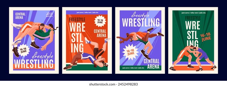 Carteles publicitarios de la competencia de lucha libre, conjunto de eventos deportivos. Luchadores de Profesional levantan, lanzan oponente durante la lucha. Greco luchadores romanos, atletas batallan. Ilustración vectorial plana