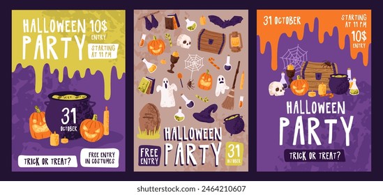 Afiches publicitarios de la fiesta de Halloween. Diseño de volantes de vacaciones de Helloween con caldero de brujas, calabazas fantasmagóricas. Plantilla de la promoción de eventos festivos el 31 de octubre. Ilustraciones vectoriales planas