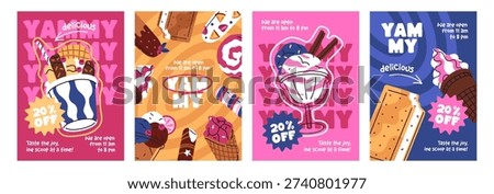 Advertising posters of ice cream cafe set. Designs of special offers and sales for icecream. Promotion templates with summer desserts, popsicle, sundae, gelato, sorbet. Flat vector illustrations