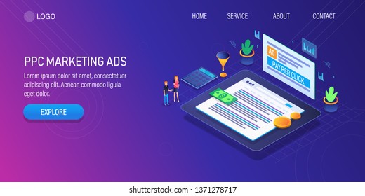 Advertising PPC, PPC marketing campaign, Search marketing, 3D, isometric landing page vector