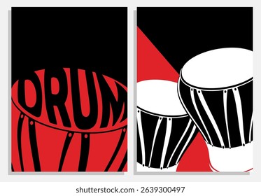 Advertising presentation of a concert by African djembe drum musical instruments, minimalist poster format. Drum musical folklore. Minimalist classical guitar music evening vector flyer templates