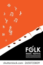 Advertising presentation of a folk concert with wooden flute plays a melody and notes rise up into air. Minimalist folklore music evening vector flyer template