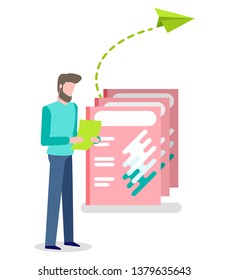 Advertising in print mass media vector. Male reading news on paper, information and ads commercial page template. Abstract design, broadcasting isolated