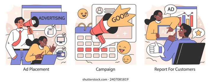 Advertising process set. Illustrating ad placement, campaign scheduling, and customer report generation. Interactive and strategic ad management. Flat vector illustration.
