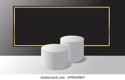 Advertising product display stand, gray circle gold border for banner, black gold background, copy space, 3d illustration, vector