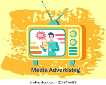 Advertising product or service on video channel, getting likes. Influencer marketing, blogging, advertising on social media network. Advertisement with man talking about product on tv, telemarket