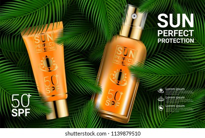 Advertising Products for Sunburn. Sunscreen Spray Sun Protection Cosmetics Product Ads. Sunblock 3D Realistic Packaging Mockup. Tropical Exotic Palm Leaves Jungle Background. Vector Illustration