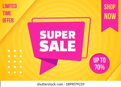 Advertising promo banner with limited time super sale offer. Exclusive clearance promotion to shop now with wholesale, price rebate and discount abstract advertisement message vector illustration