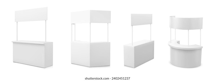 Advertising and promo booth stand. Realistic vector illustration set of white empty portable kiosk mockup with signboard. Blank retail trade, promoter and presentation stall of various shapes.