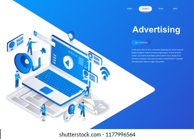 Advertising and promo modern flat design isometric concept. Advertisement and people concept. Landing page template. Conceptual isometric vector illustration for web and graphic design.