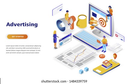 Advertising and promo modern flat design isometric concept. Advertisement and people concept. Landing page template. Conceptual isometric vector illustration for web and graphic design.