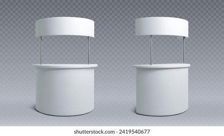 Advertising and promo white booth stand mockup with signboard. Realistic vector illustration set of empty portable kiosk for product presentation and exhibition. Blank retail trade and promoter stall.