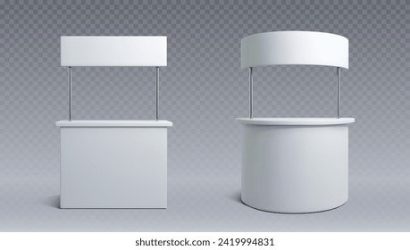 Advertising and promo white booth stand mockup with signboard. Realistic vector illustration set of empty portable kiosk for product presentation and exhibition. Blank retail trade and promoter stall.