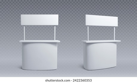 Advertising and promo white booth stand mockup with signboard. Realistic vector illustration set of empty portable kiosk for product presentation and exhibition. Blank retail trade and promoter stall.