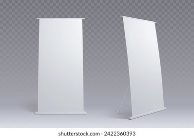 Advertising and promo white empty information booth stand or roll up board. Realistic vector illustration set of blank portable vertical pullup info banner mockup for ad and product presentation.