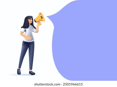 Advertising and promotion 3D concept. Woman cartoon character standing and shouting in loudspeaker or megaphone advertisement marketing announcement business communication illustration