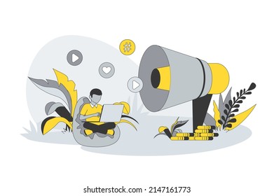 Advertising and promotion concept in flat line design. People networking and seeing online advertisement, broadcasting and promotion in social media. Vector illustration with outline scene for web