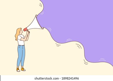 Advertising and promotion concept. Woman cartoon character standing and shouting in loudspeaker or megaphone advertisement marketing announcement business communication illustration