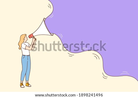 Advertising and promotion concept. Woman cartoon character standing and shouting in loudspeaker or megaphone advertisement marketing announcement business communication illustration
