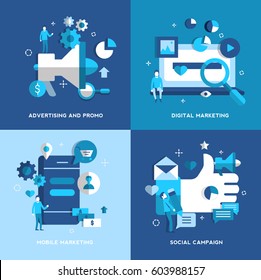 Advertising and promotion, Digital Marketing, Mobile Marketing, Social Campaign concepts. Set. Vector illustration