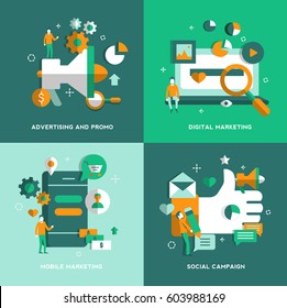 Advertising and promotion, Digital Marketing, Mobile Marketing, Social Campaign concepts. Set. Vector illustration